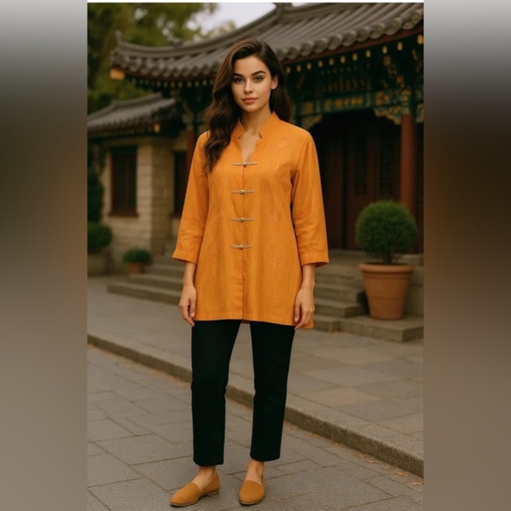 🧡Dean & White Mandarin, coral / embroidered button down linen top, 3/4 sleeves🧡
